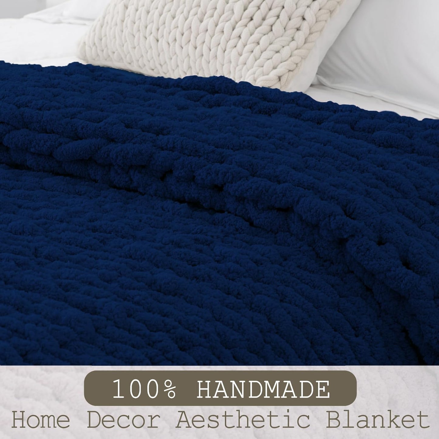 Chunky Knit Throw Blanket 60"X 80", 100% Handmade with Soft Chenille Yarn, 6.7lbs Thick Cable Knitted Blankets, Large Rope Knot Crochet Throws for Couch Sofa Bed Home Decor, Navy Blue