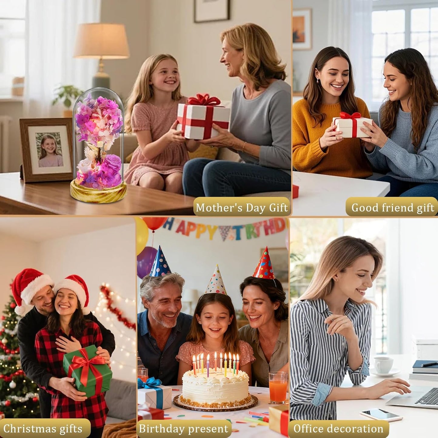 dranmoner LED Illuminated Glass Dome with Preserved Pink Roses and Hydrangeas, 8 Inch Height, Battery Powered Floral Display with Wooden Base