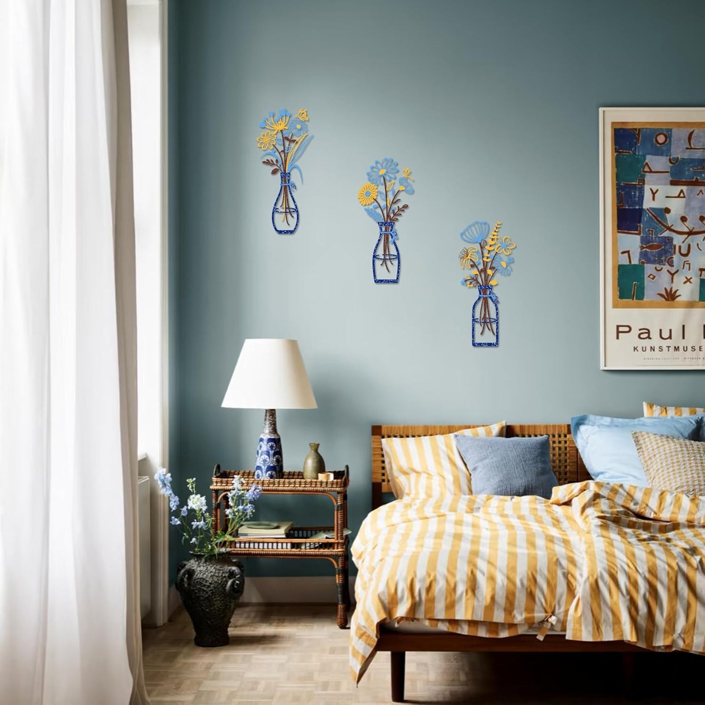 Iron Metal Vase Flower Wall Art Set of 3 - Minimalist Black Floral Decor for Living Room Bedroom Kitchen, Office Garden - Modern Farmhouse Home Decor & Housewarming Gifts (Blue-Yellow)