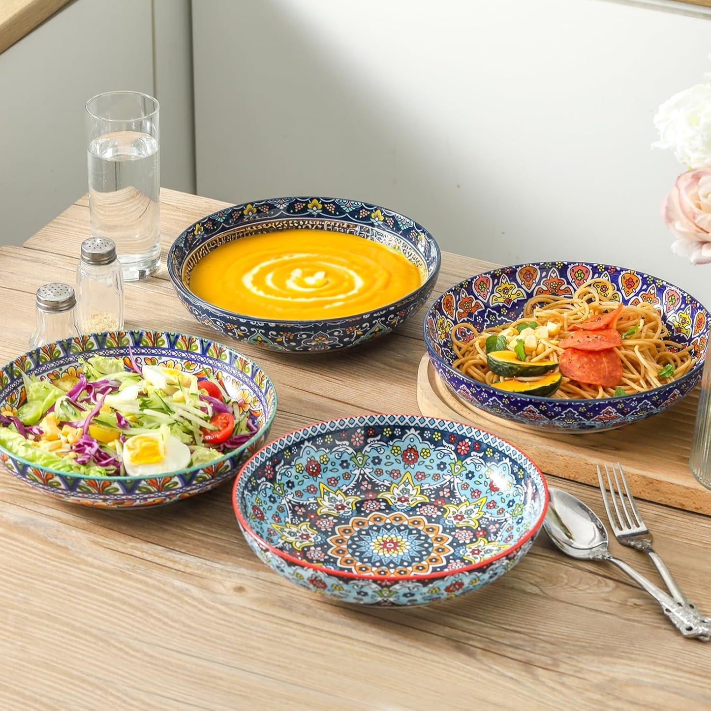 glowworm Pasta Bowls Set of 4, 42 oz Ceramic Salad Bowls for Kitchen, Large Serving Bowls for Ramen, Fruit, Housewarming Gift, Dishwasher & Microwave Safe, Bohemian