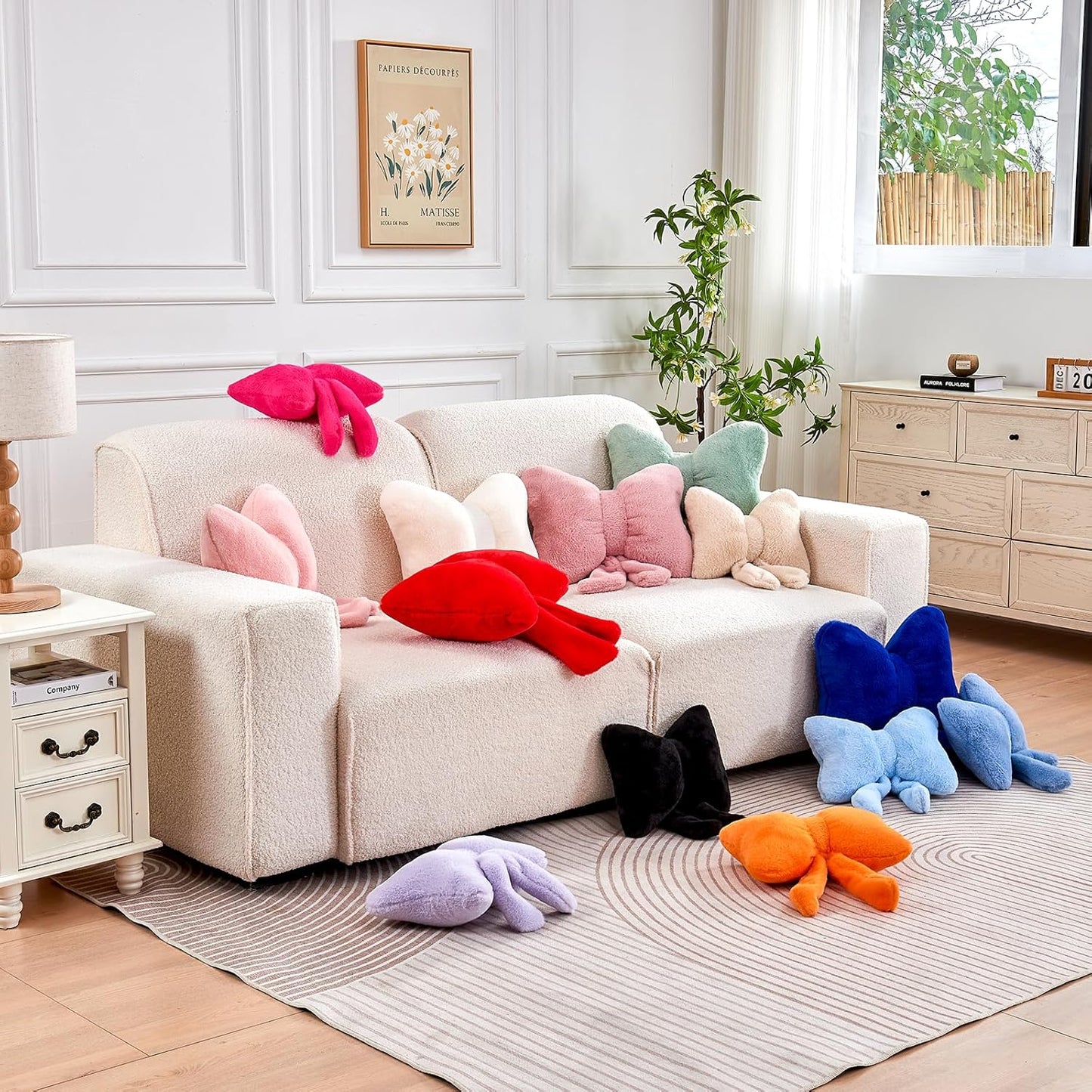 Ivory Bow Pillow, Soft Bow Decorative Pillows with Faux Rabbit Fur, Cute 16" Bow Throw Pillows, Aesthetic Home Decor Bow Shaped Plush Pillow for Bedroom Sofa Couch