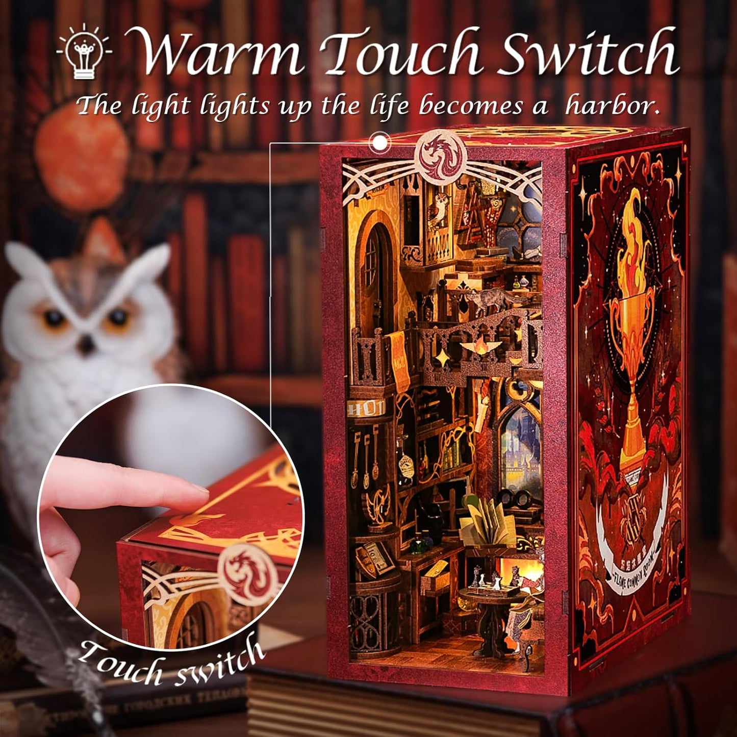 Fsolis Book Nook Kit, DIY Miniature Room House Kit 3D Wooden Puzzle Craft Kit for Adults Decorative Bookend Bookshelf Bookcase Nook Decor Gifts for Women Teens and Book Lovers (Flam Common Room)