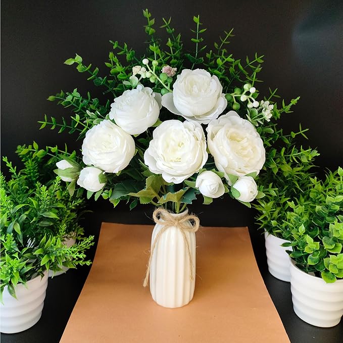 Fake Flowers in Vase, Ceramic Vase with Artificial Silk Flowers, Faux Eucalyptus Stems Flower Arrangement for Farmhouse Indoor Table Centerpiece, Bathroom Living Room Home Decor, Bedroom Decorations