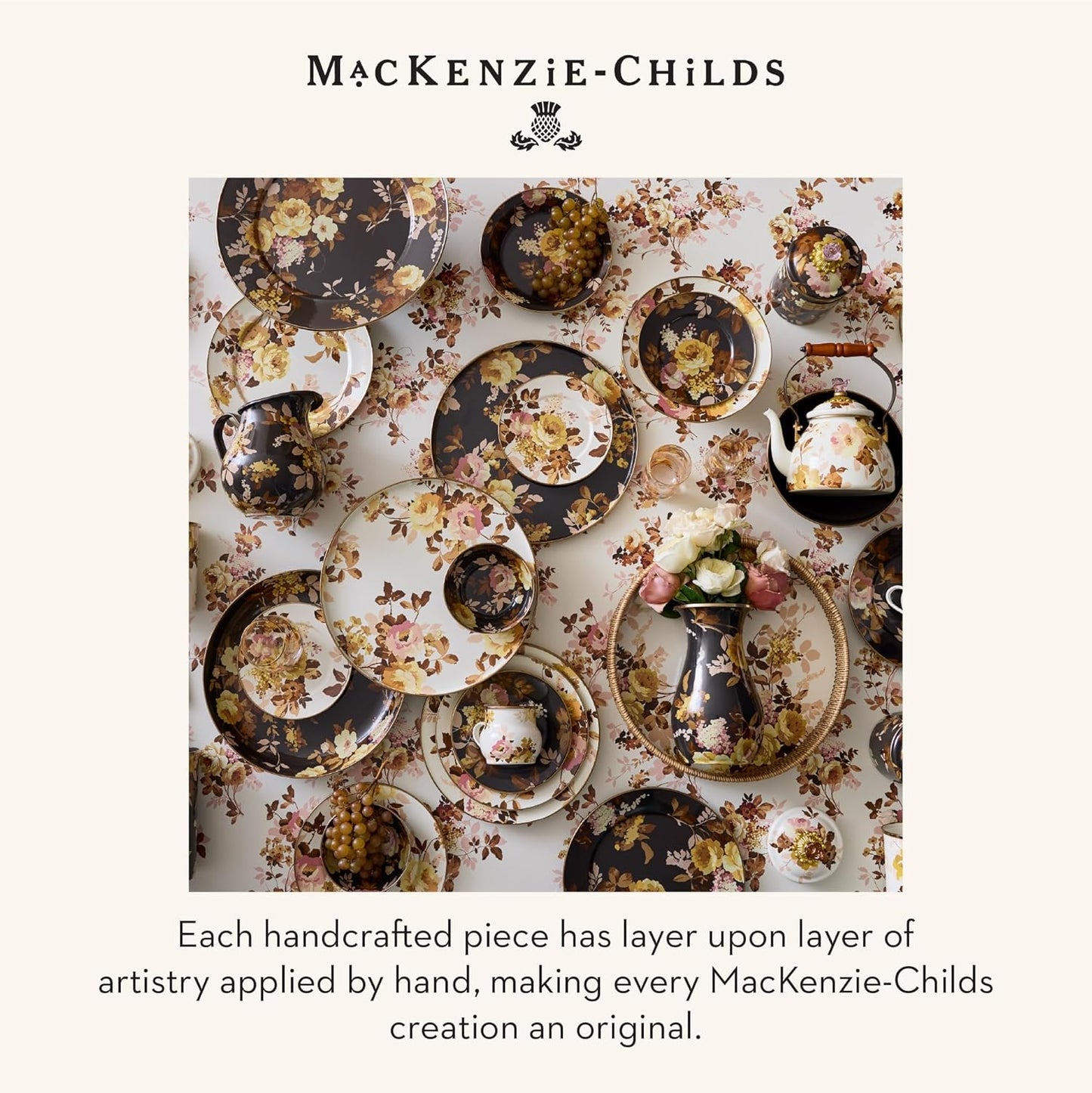 MACKENZIE-CHILDS Enamel Mug, Cute Enamelware Tea or Coffee Mug, Wild Rose Brown