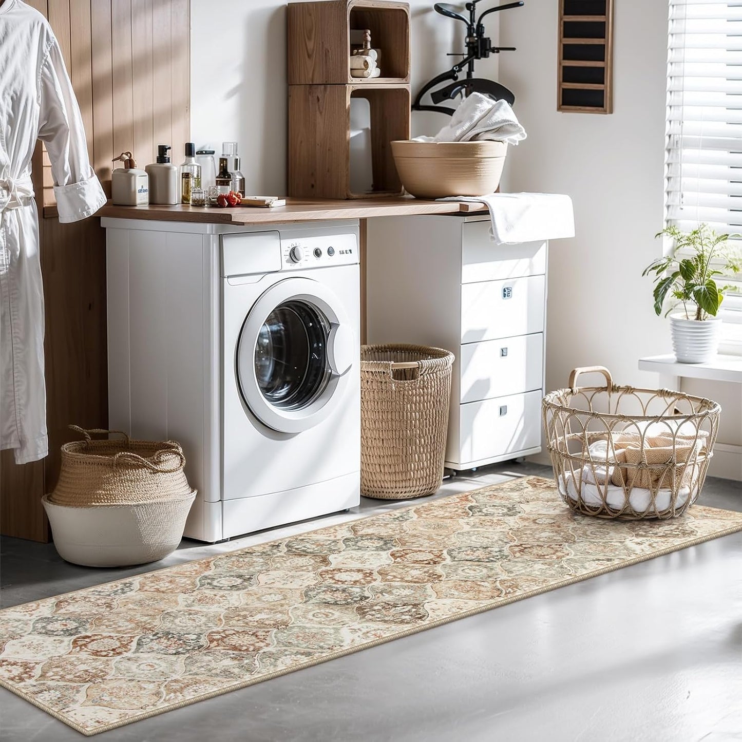 Lahome Moroccan Trellis Hallway Runner Rug, 2x6 Kitchen Runner Rugs Non Skid Washable, Vintage Laundry Room Rug Ultra-Thin Long Carpet for Bathroom Bedroom Entryway, Khaki