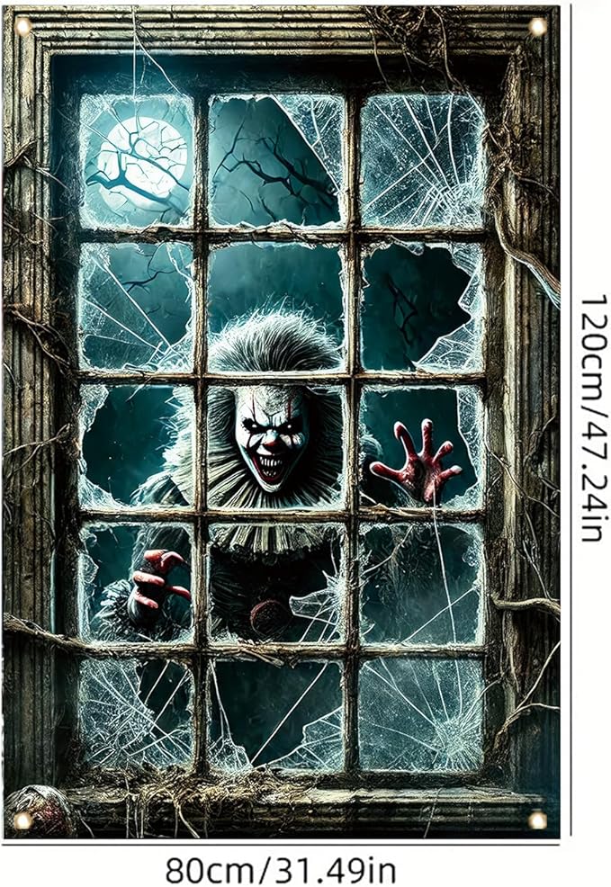 47x31 Inch Halloween Spooky Clown Window Cover Decoration Creepy Clown Horror Backdrop with Broken Glass Spooky Window Poster for Haunted House Outdoor Party Scary Theme Yard Decor