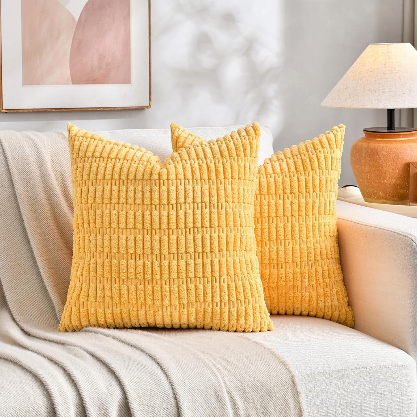 Fancy Homi Set of 4 Spring Boho Decorative Throw Pillow Covers 20x20 Inch for Couch Bed Sofa, Sage Green Yellow Room Decor, Soft Fuzzy Fluffy Cozy Corduroy Textured Cushion Case 50x50cm
