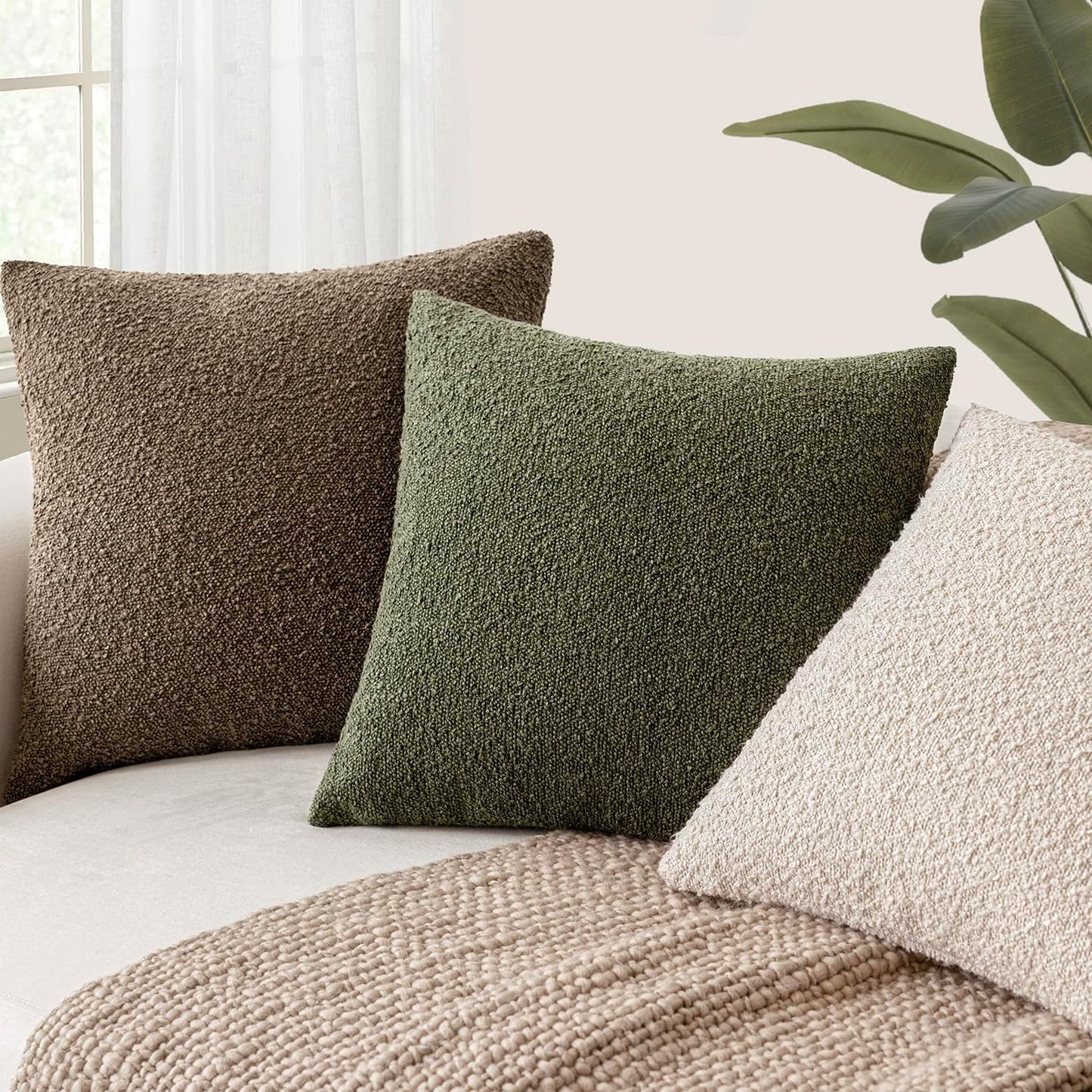 Foindtower Decorative Textured Boucle Throw Pillow Covers Accent Solid Pillow Cases Neutral Soft Cozy Couch Cushion Case for Chair Sofa Bedroom Living Room Home Decor 24x24 Inch,1PC,Light Brown