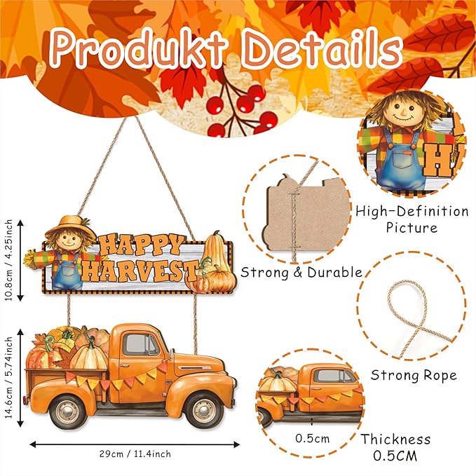 Happy Harvest Door Sign,Happy Thanksgiving Wooden Sign,Fall Truck Decor,Autumn Harvest Wall Plaque,Scarecrow Wall Hanging Sign,Pumpkin Front Door Hanger for Farmhouse Home Indoor Outdoor Yard