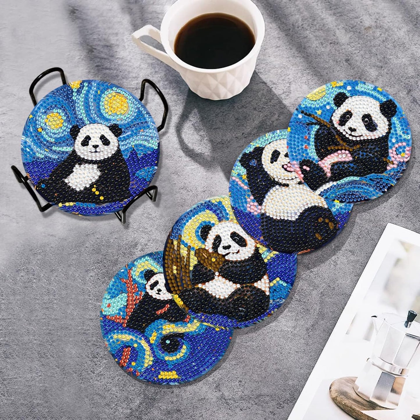Leatrice 8 Pcs Panda Diamond Art Coasters Set of 8, Small Diamond Painting Kits for Adults Beginners Women, Gem Art Coasters with Holder, Funny Arts Supplies for Home Decor