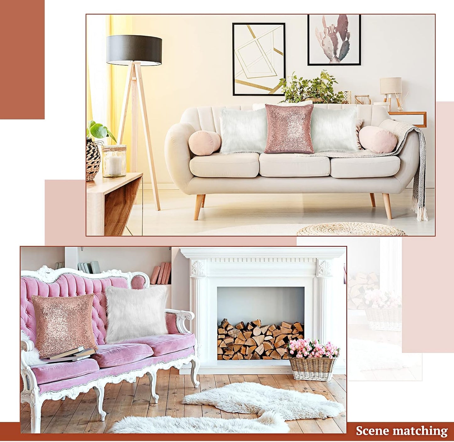 Irenare 4 Pcs Sequin and Fluffy Pillow Covers Winter Throw Pillow Cases Soft Cushion Cover for Couch Bed Sofa Xmas Day (White, Rose Gold,18 x 18 Inch)