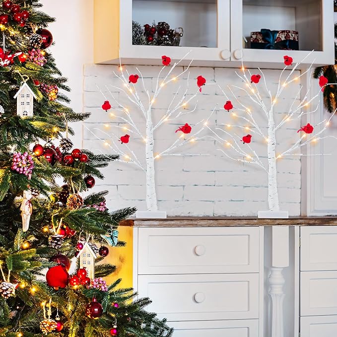 2 Pcs 2 ft Birch Tree with LED Lights for Christmas Decor Indoor with 12 Pcs Mini Cardinal Clips on Tree Ornament Lighted Birch Tree Battery Powered for Home Table Centerpiece Mantel Decor