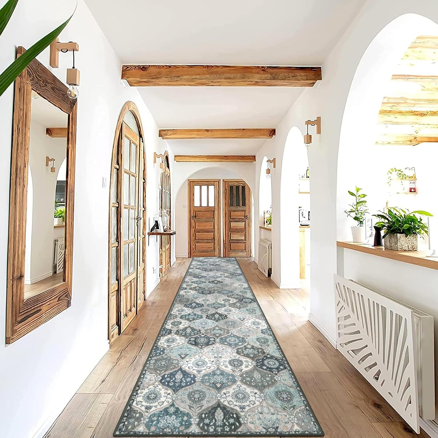 Lahome Moroccan Hallway Runner Rug Non Slip, 2x10 Washable Runner Rugs for Hallway 2x10 Vintage Ultra-Thin Throw Long Carpet for Kitchen Entryway Bedroom Laundry Room, Blue