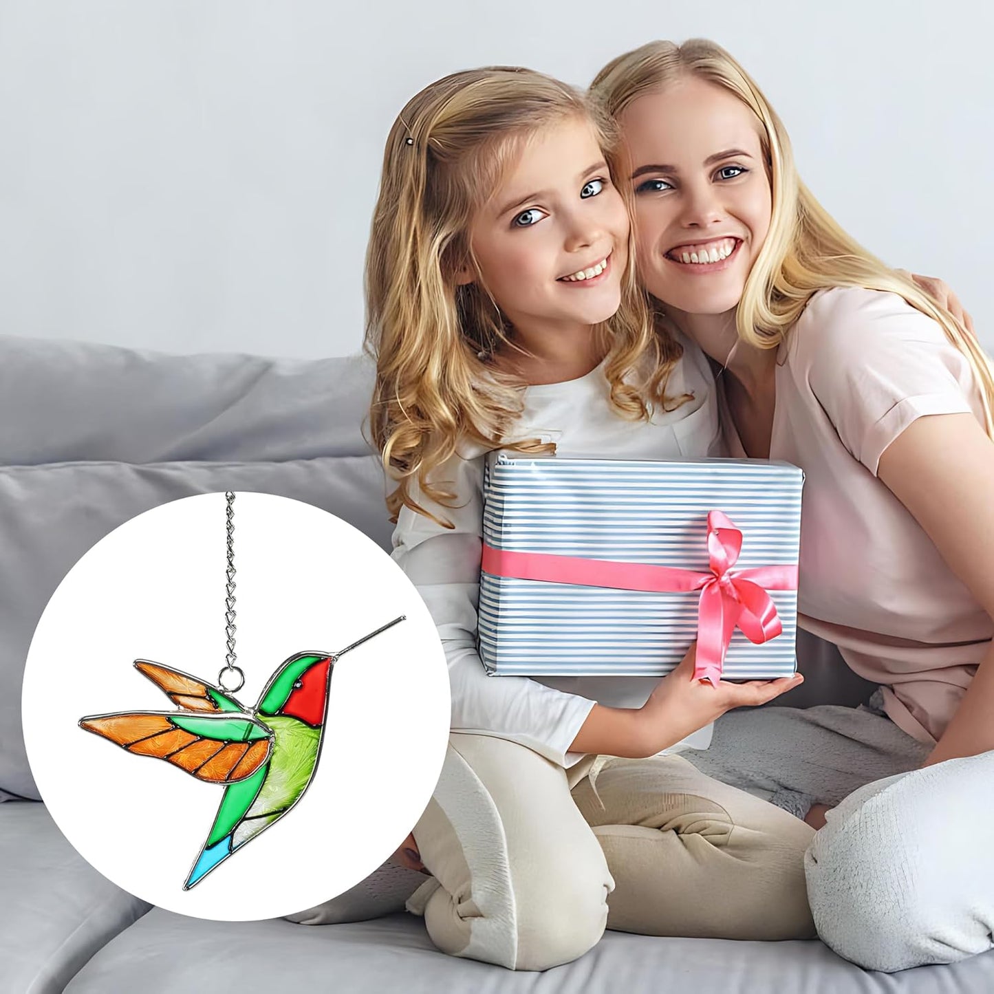 Handmade Stained Glass Hummingbird Hanging Ornament - Colorful 4.3x4.9 Inch Window/Garden Decor for Mom, Grandma, Mother's Day - Patio, Home, Wedding Decorations (Yellow Wing)