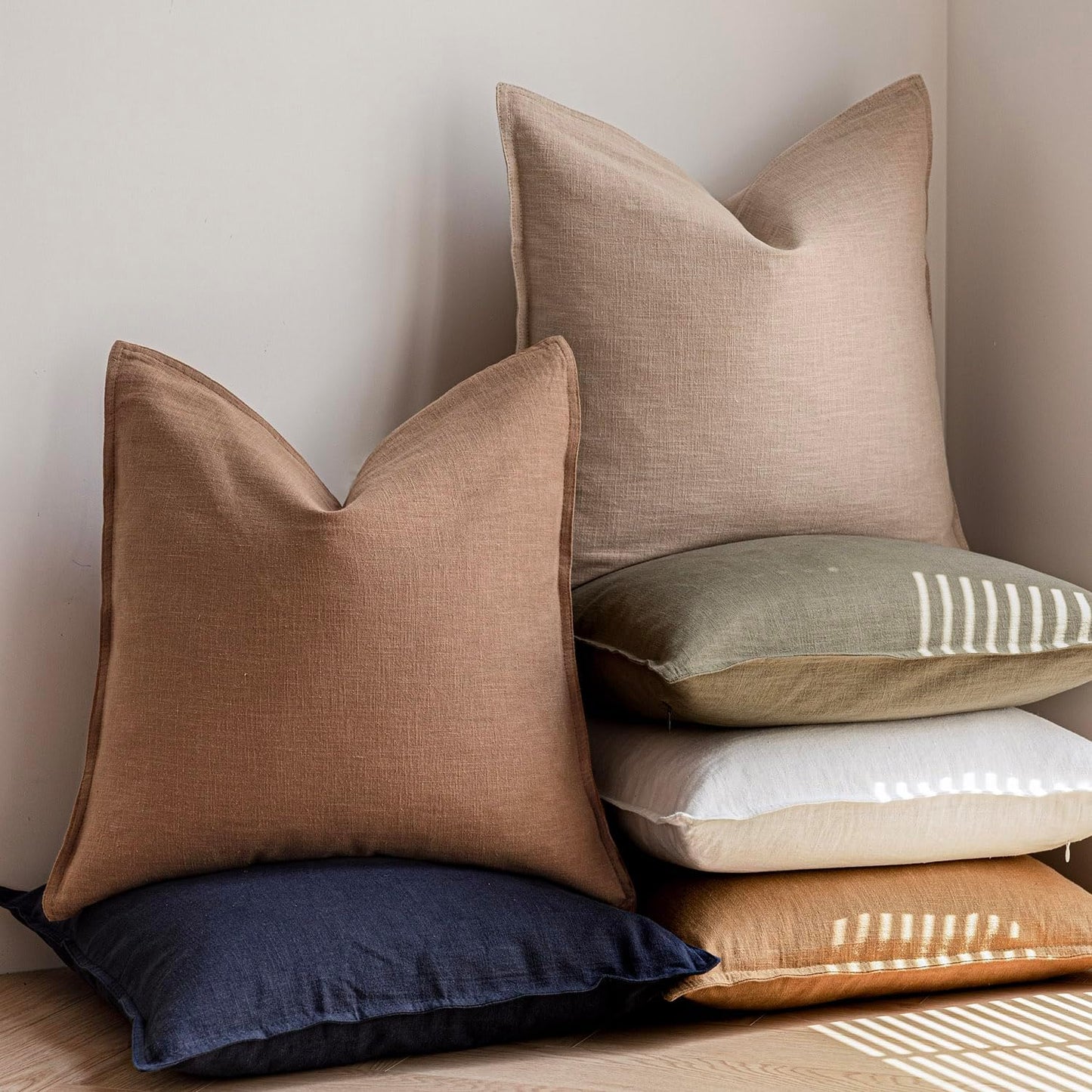 Foindtower Pack of 2, Decorative Linen Soild Throw Pillow Covers Soft Accent Cushion Case Farmhouse Neutral Pillowcase for Chair Couch Sofa Bedroom Living Room Home Decor 16 x 16 Inch Tan Beige