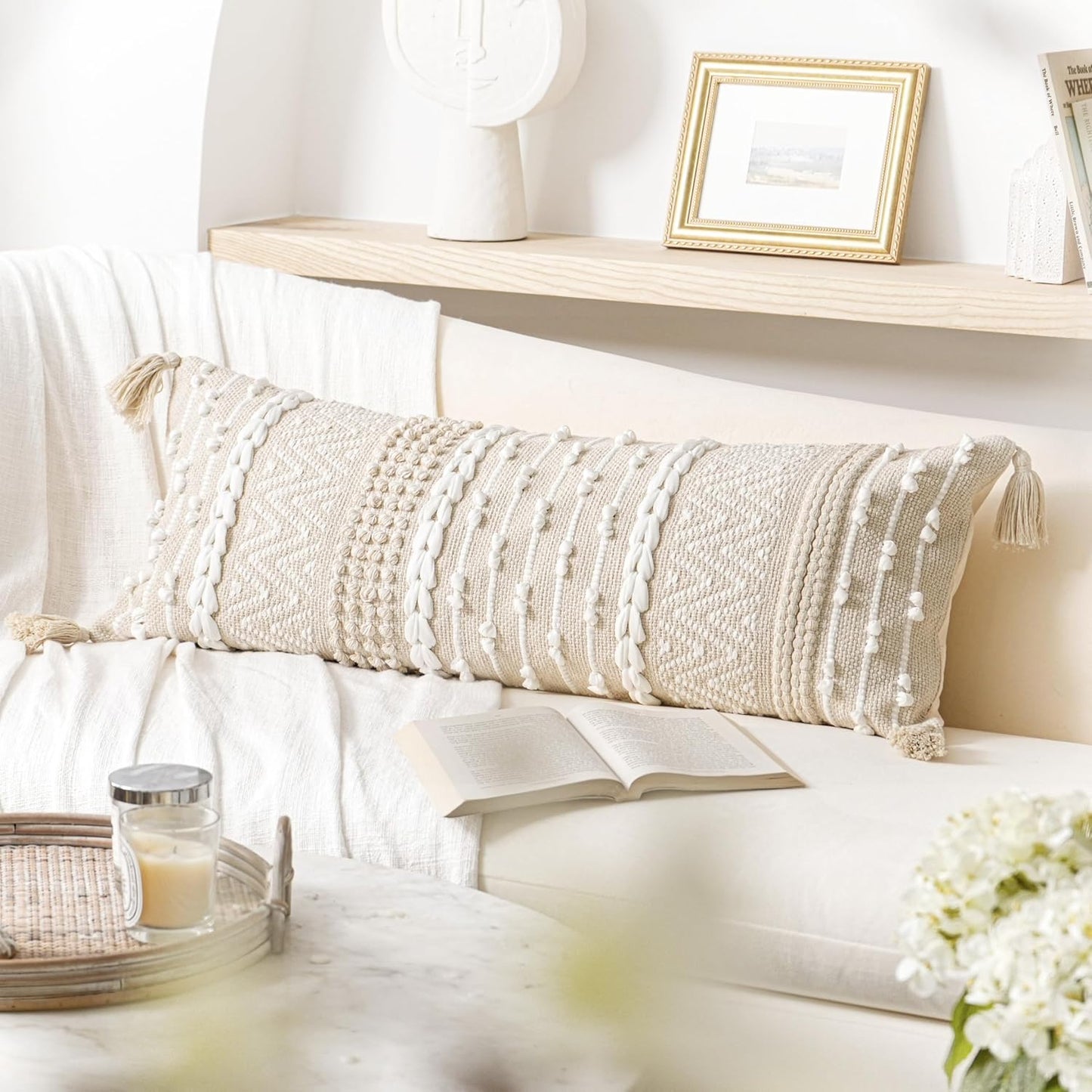 BlissBlush Cream Decorative Lumbar Throw Pillow Cover 14x36 Boho Long Cushion for Bed Neutral Beige White Accent Modern Farmhouse Pillowcase for Bedroom Living Room Couch Sofa Home Décor Cover ONLY