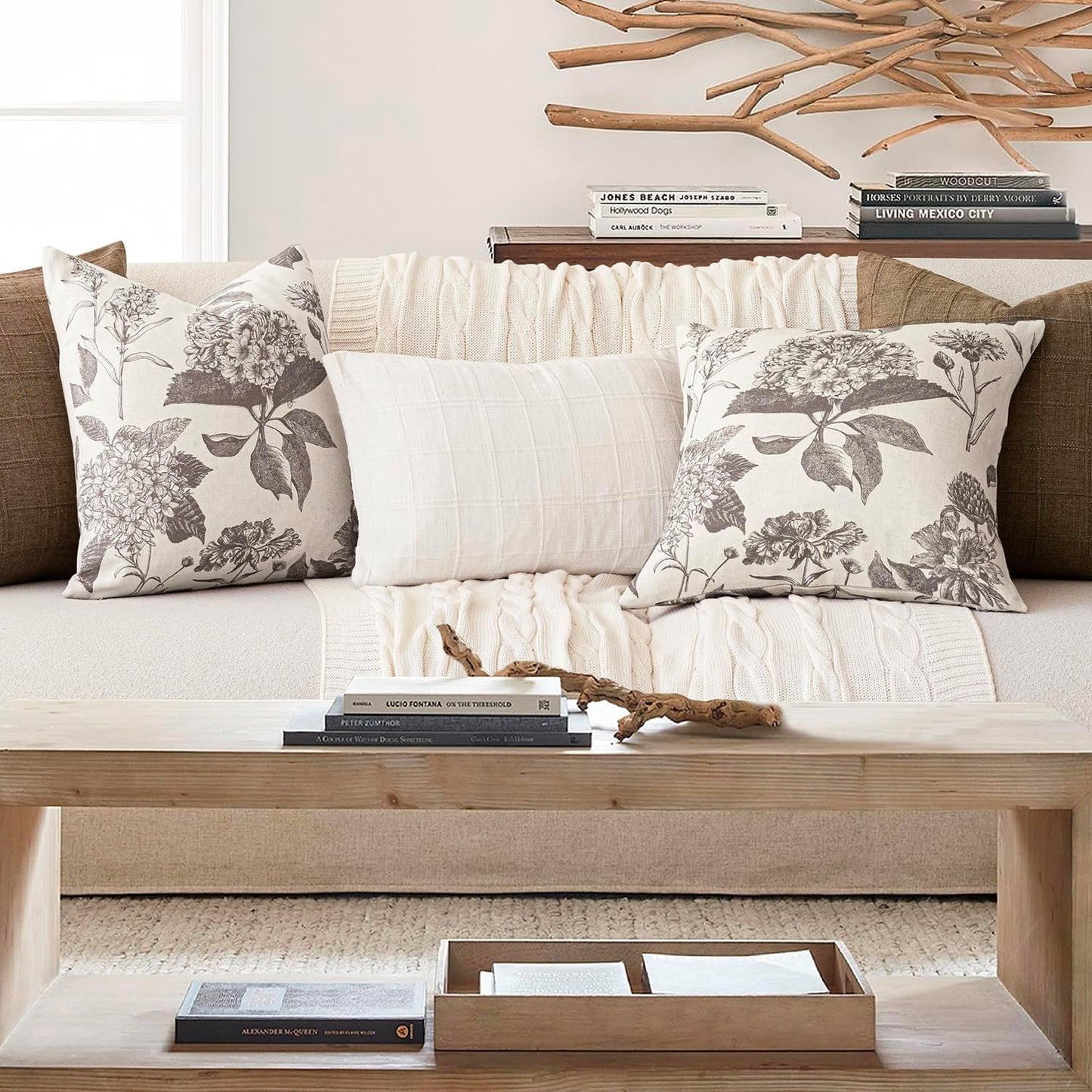 Foindtower Set of 2 Linen Floral Throw Pillow Covers Vintage Accent Print Decorative Cushion Covers Farmhouse Boho Home Decor for Sofa Chair Couch Bedroom Living Room,22×22 Inch,Light Gray