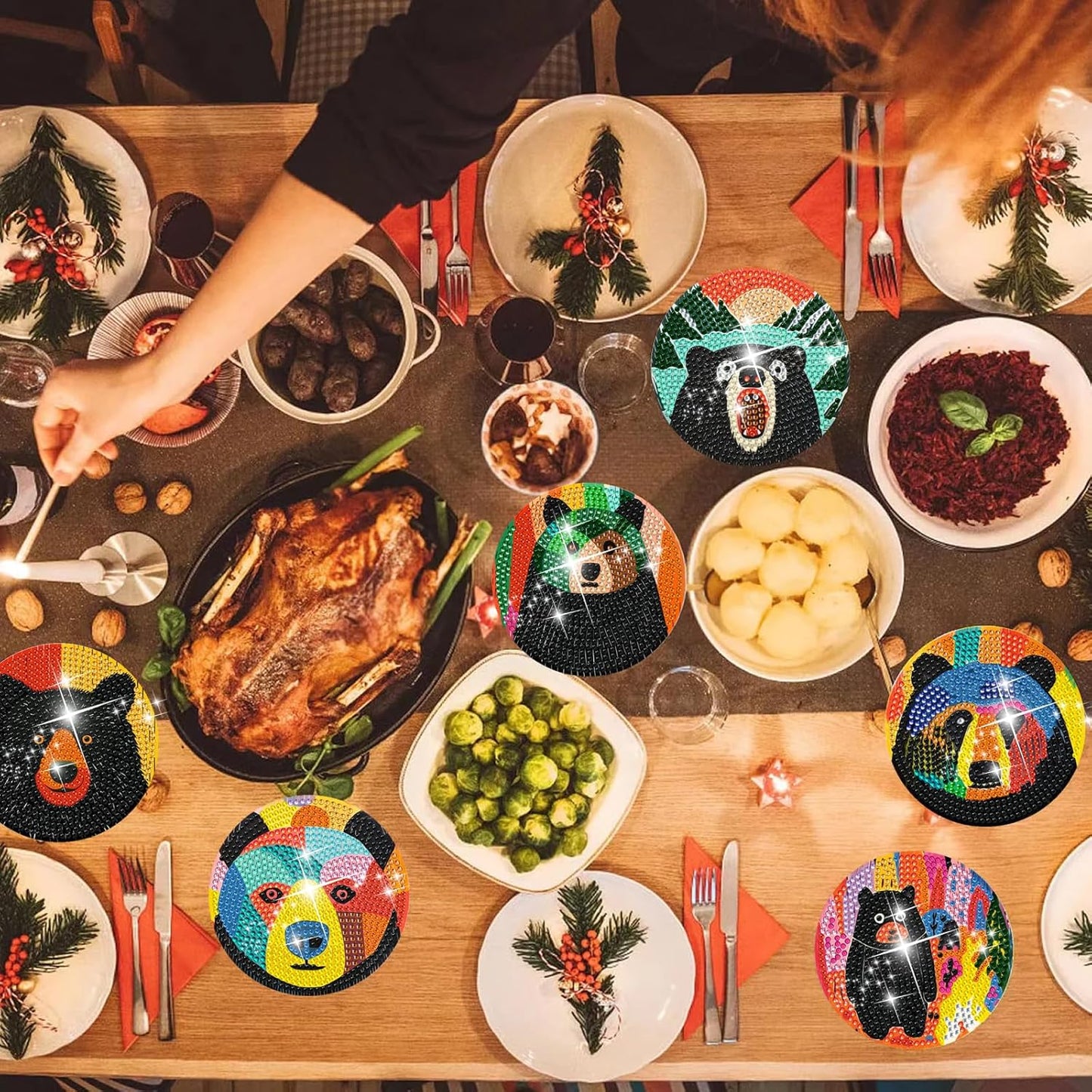 EWJRNSF 6 PCS Small Diamond Art Coasters Kits, Diamond Painting, Fall Diamond Art Kits for Adults Beginners, Arts and Crafts Item Sets with Holder for Drinks Bruin