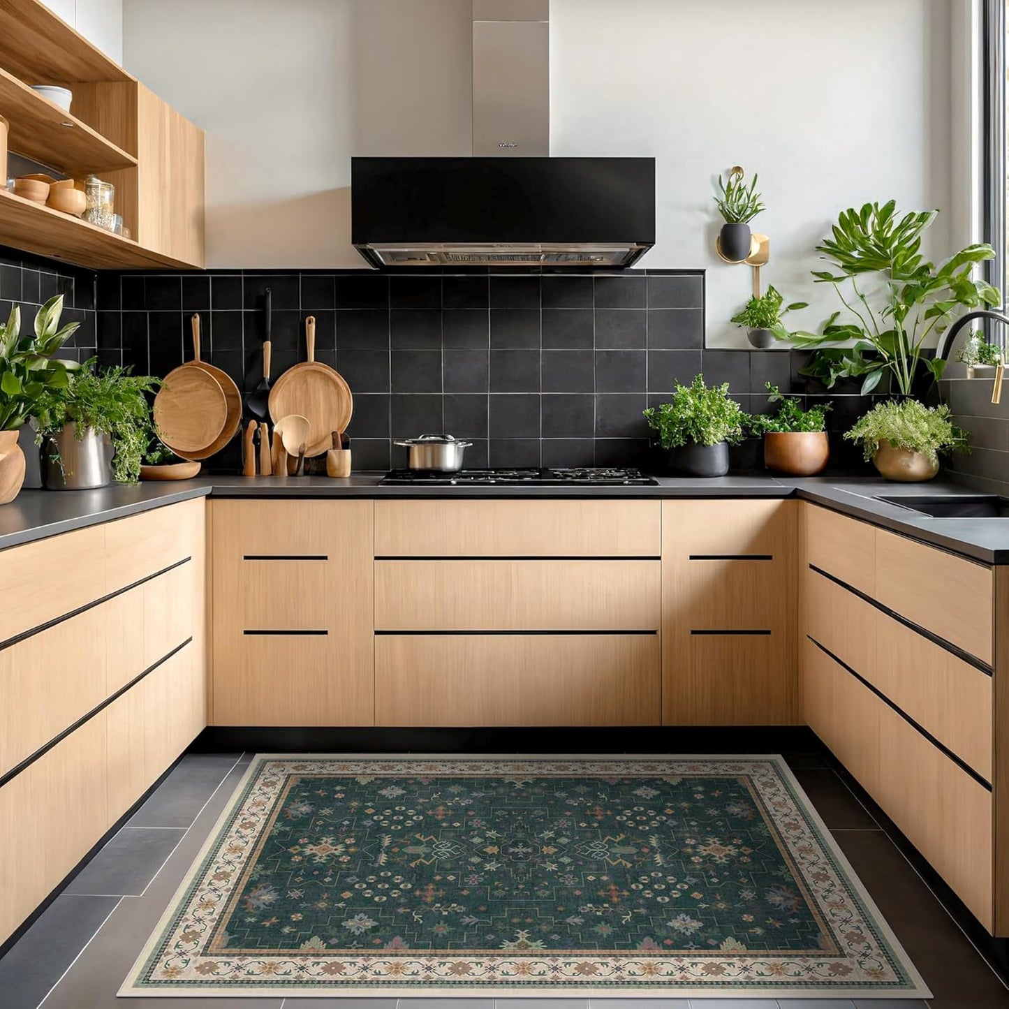 Dark Green Oushak 5x7 Living Room Rug - Modern Vintage Boho Eclectic Floral Pastel, Washable Low Pile Non-Slip Large Area Rugs for Nursery Dining Under Table Bedroom Lounge