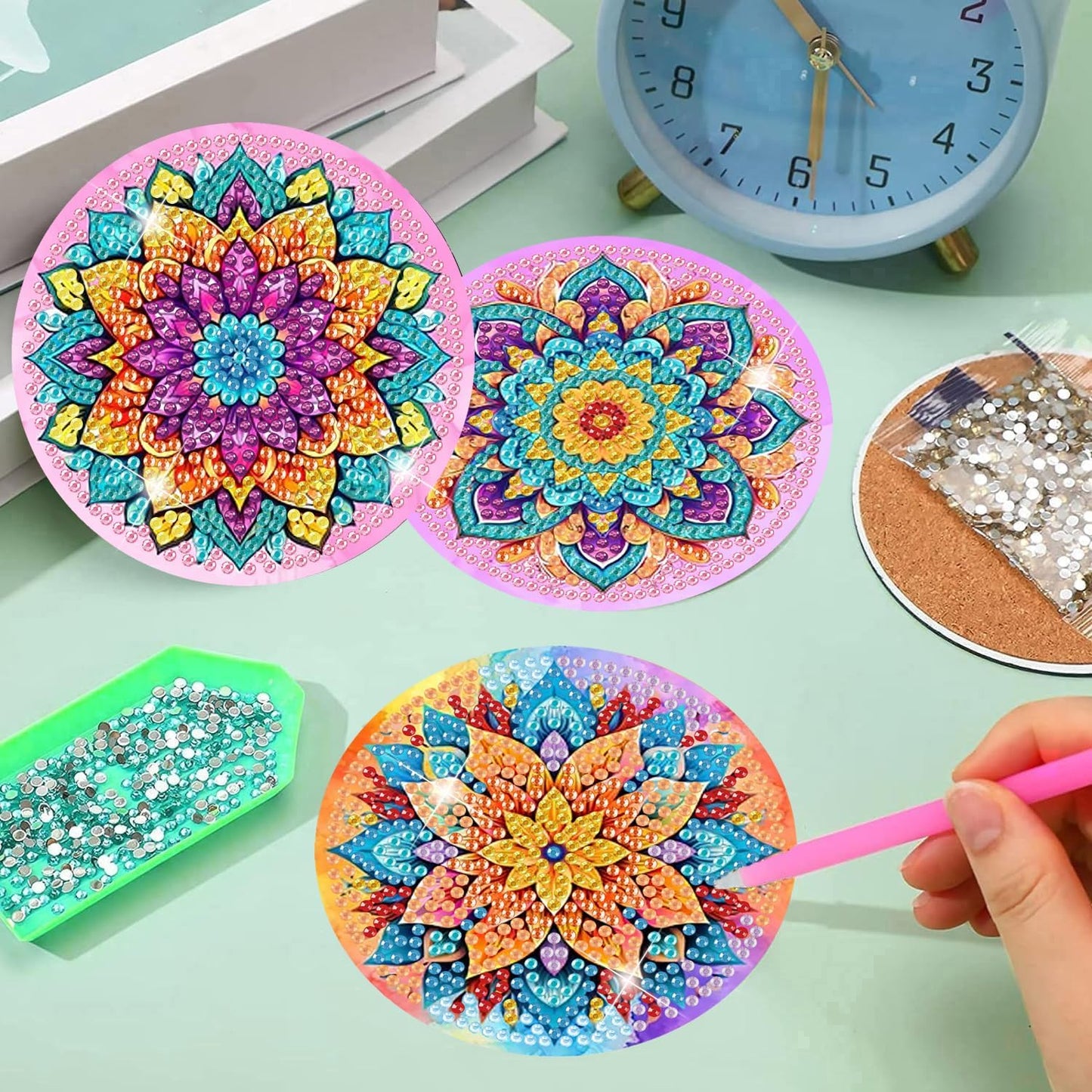 Meothan 8 Pcs Diamond Art Coasters Kits for Adults with Holder Cork Pads, Flowers Diamond Dots Art Painting Coasters Crafts Kit for Home Office Decor (Mandala Style)