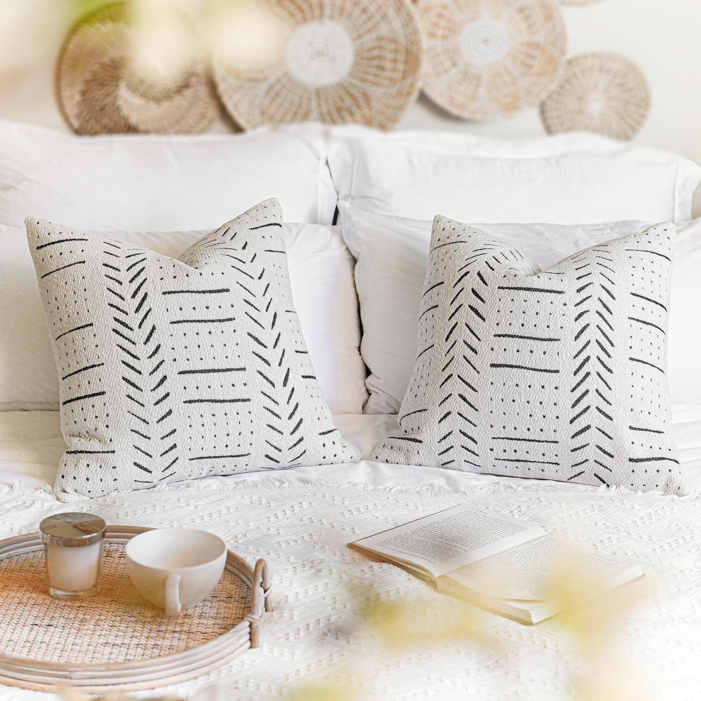 BlissBlush Off White Decorative Throw Pillow Covers 20X20, Set of 2, Boho Farmhouse Square Cushion Cover, Cozy Soft Accent Pillowcase for Couch Sofa Bed Living Room Home Décor