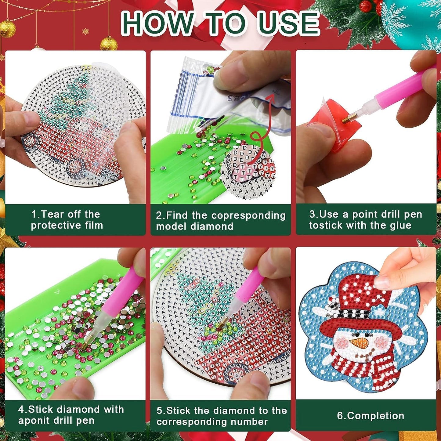 Meothan 6 Pcs Diamond Art Coaster Kits With Holder - Christmas Snowman Diamond Painting for Adults Beginners - 5D Gem Art Dots Paintings With Cork Pads - Crafts Supplies