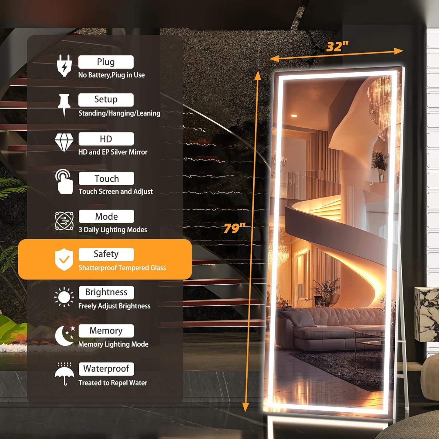 Hasipu Full Length Mirror with Lights, 79" x 32" LED Lighted Floor Standing Mirror, Full Body Dressing Hanging Mounted Mirrors, Dimmable, Tempered Glass, Safe to Use, Square White