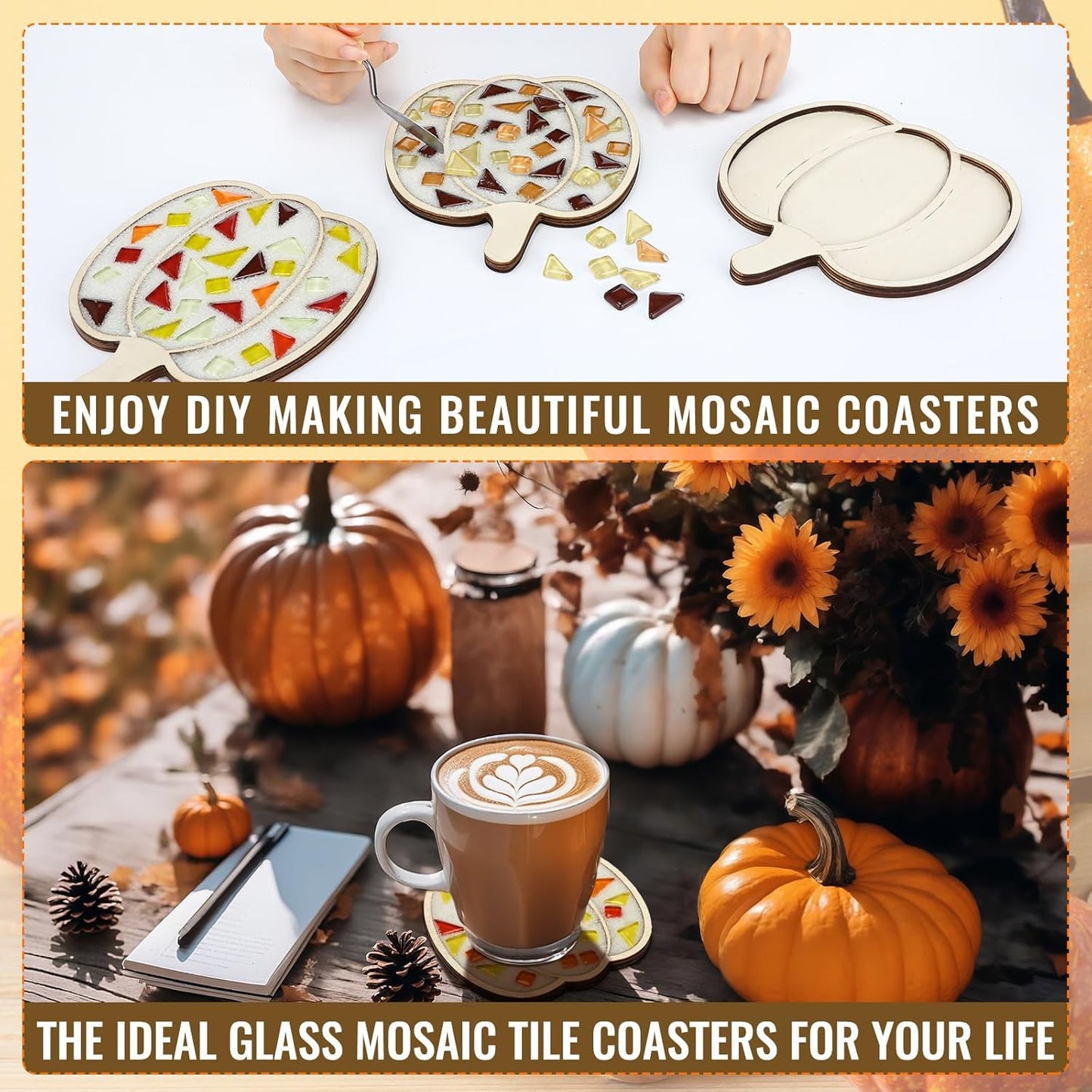 Honeydak 6 Sets DIY Glass Mosaic Tiles with 6 Wooden Coasters Making Mosaic Crafts Material Package Mixed Stained Glass for Handmade Colorful Home Decor Gift Indoor(Pumpkin,Warm Color)