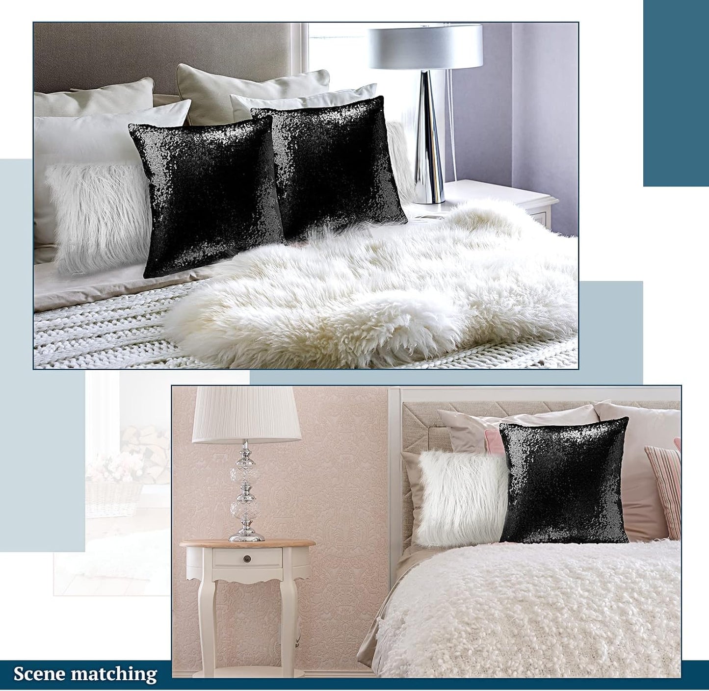 Irenare 4 Pcs Sequin and Fluffy Pillow Covers Winter Throw Pillow Cases Soft Cushion Cover for Couch Bed Sofa Xmas Day(18 x 18 Inch, 12 x 20 Inch,White, Black)