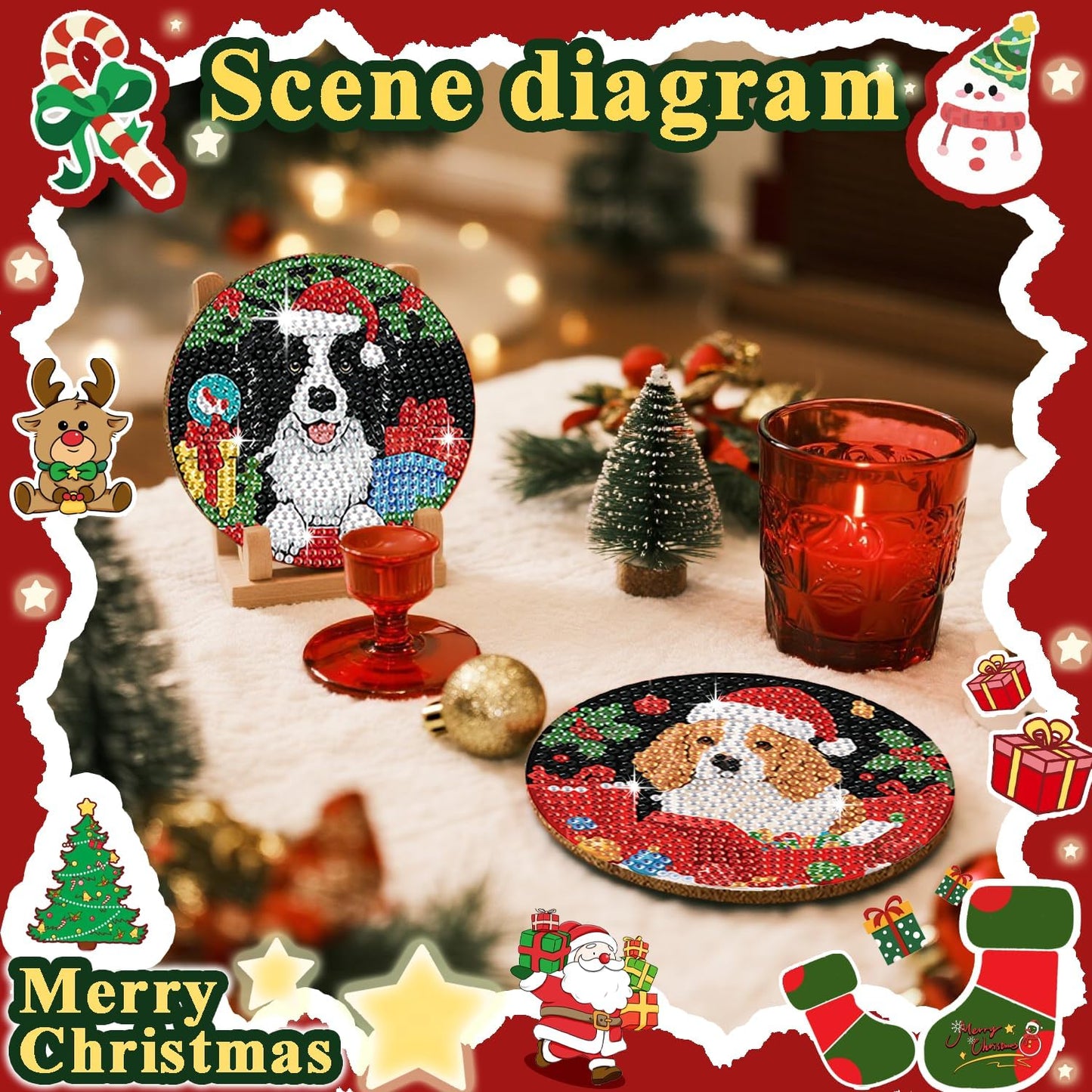 Leatrice 6PCS Christmas Diamond Art Coasters Small Diamond Painting Kits for Adults Diamond Dots Full Drill Diamond Painting Coasters with Holder Easy Art Crafts for Beginners Party
