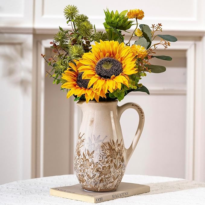 Purple and Borwn Floral Vintage Vase with Handle, French Country Floral Pitcher Vase, Rustic Ceramic Farmhouse Vases for Home Decor, Living Room, Bookshelf, Grand Millennial Tuscan Decor 8.7 in