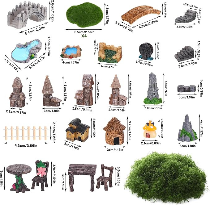 32 Pcs Fairy Garden Accessories - Miniature Garden Kit Landscape Decorations Table and Chairs Set Fairy Garden Furniture Ornaments Bridge House Moss for Terrarium Potted Plants, Dollhouse & Outdoor