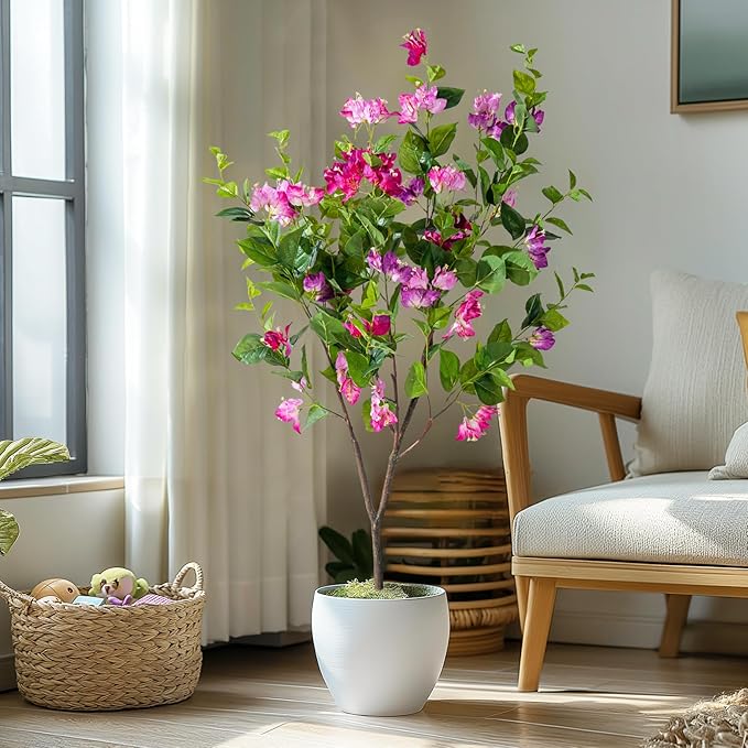 4FT Artificial Bougainvillea Tree Artificial Tree Tall Potted Fake Bougainvillea Trees for Outdoor Indoor Lifelike Potted Faux Plants with Wood Trunk and Flowers Office Wedding Home Decor