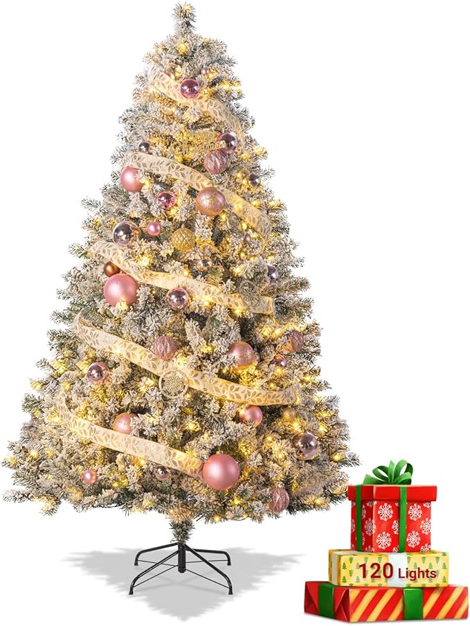 4.5ft Prelit Green Artificial Christmas Tree with 100 Warm White LED Light, Full Snow Flocked Xmas Tree Featuring 400 Realistic Branch, Easy Hinged Assembly for Home Office Party Decoration