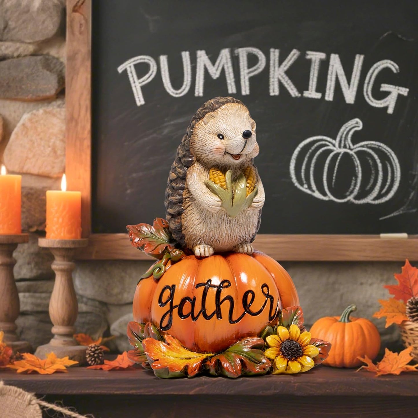Hodao Harvest Hedgehog Pumpkin Figurine – Autumn Fall Decoration with Pine Cone, “Gather” Engraved Pumpkin – Thanksgiving Home Table Centerpiece Decor, Family Gathering Blessing Ornament (Orange-1)