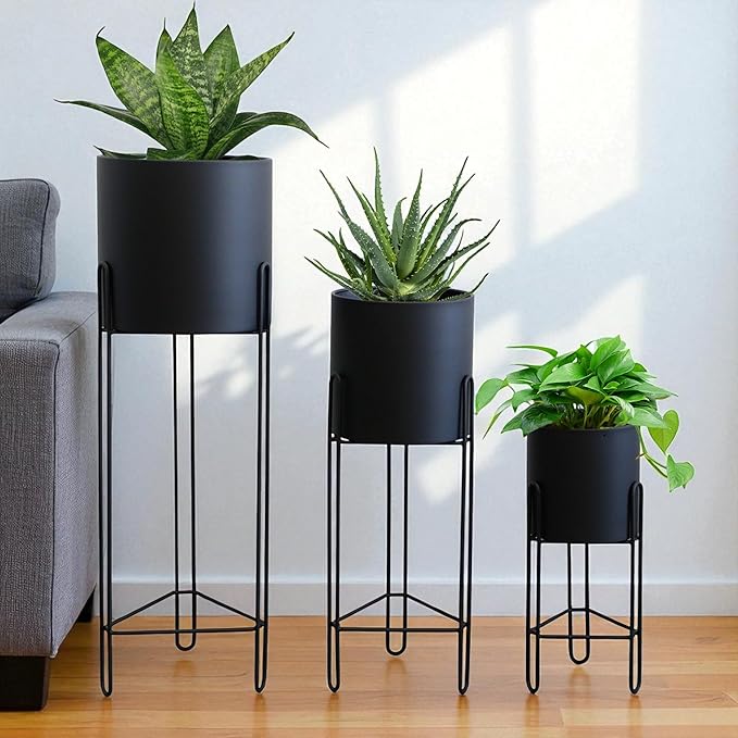 TRIROCKS Set of 3 Planters with Stand Indoor Otdoor Tall Planters for Indoor Plants 29 &18 &12" Morden Planters Flower Pots for Living Room Corner Kitchen Office Garden Balcony Patio Decor(Black)