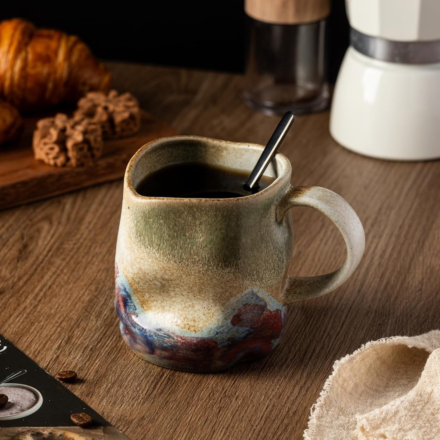 Handmade Ceramic Coffee Mugs, Mugs with Coffee Spoon, 11oz, Handmade Pottery Mug with Handle, Hand-painting, Unique Uneven Surface Tea cups, Dishwasher and Microwave Safe (White)