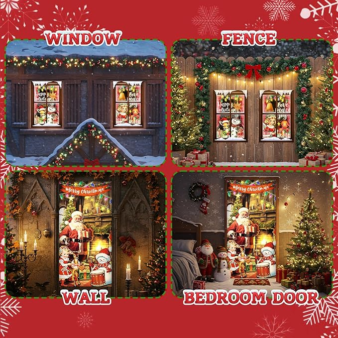Tioncy 3 Pcs Merry Christmas Door Decorations Set 71" x 35" Christmas Door Cover 47" x 32" Window Cover Santa Claus Reindeer Snowman Gingerbread Bell Pattern Porch Banner Indoor Outdoor Decoration