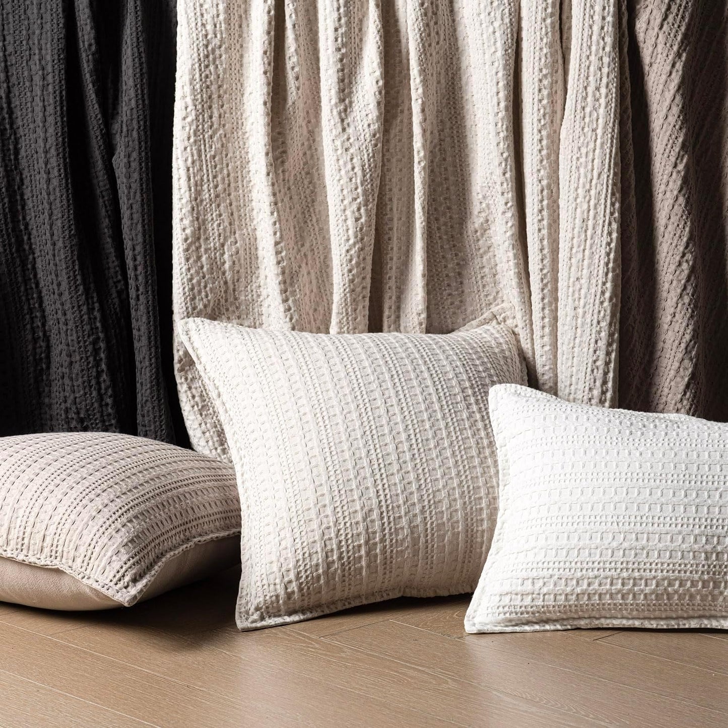 Foindtower Set of 2 Decorative Cotton Waffle Weave Throw Pillow Covers Euro Shams Cushion Covers Accent European Pillowcase for Bed Couch Sofa Bedroom Living Room Home Decor 18×18 Inch Tan Beige