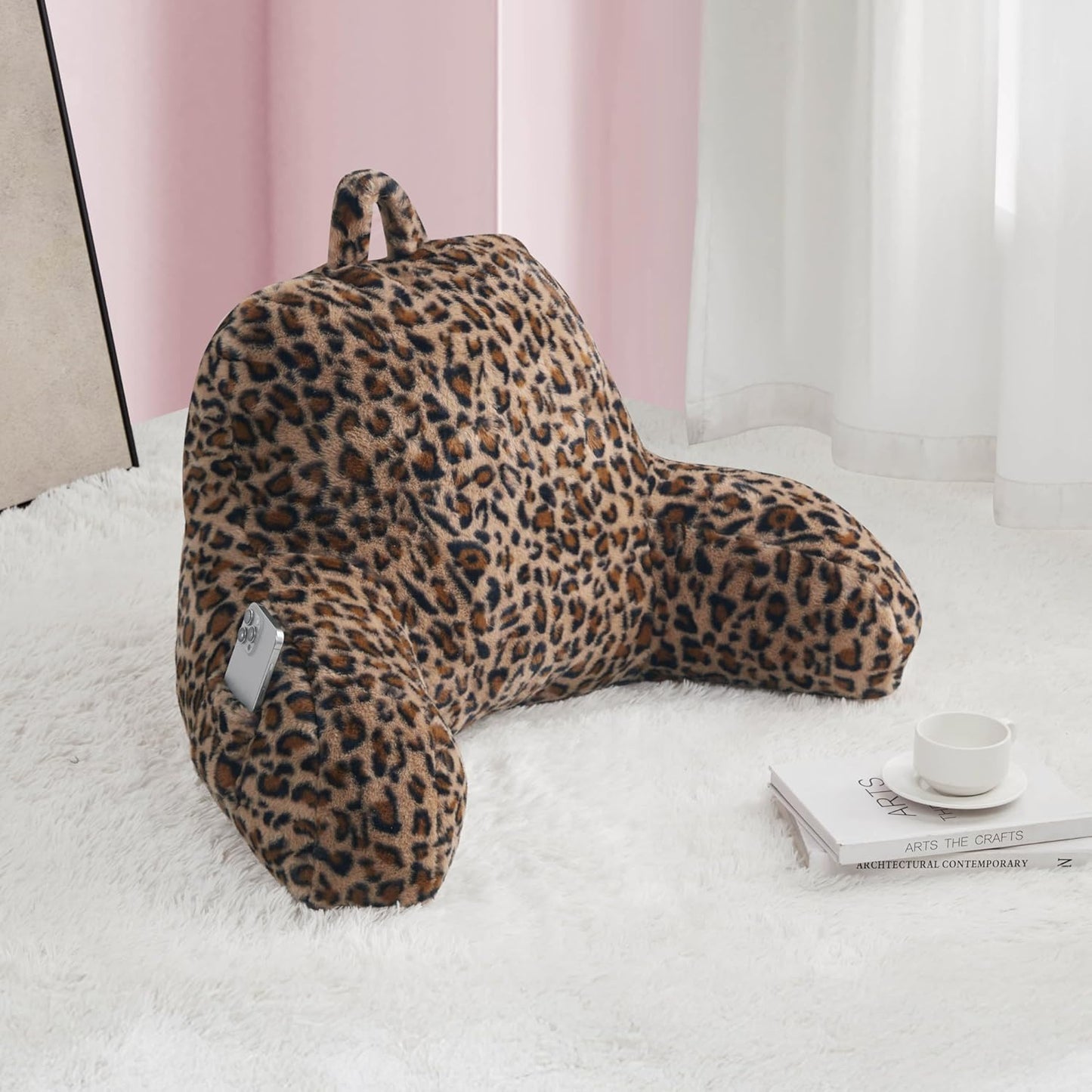 Juicy Couture Faux Fur Leopard Backrest Pillow - 30"x17" Supportive Bed Rest Pillow for Reading, Gaming, or Relaxing