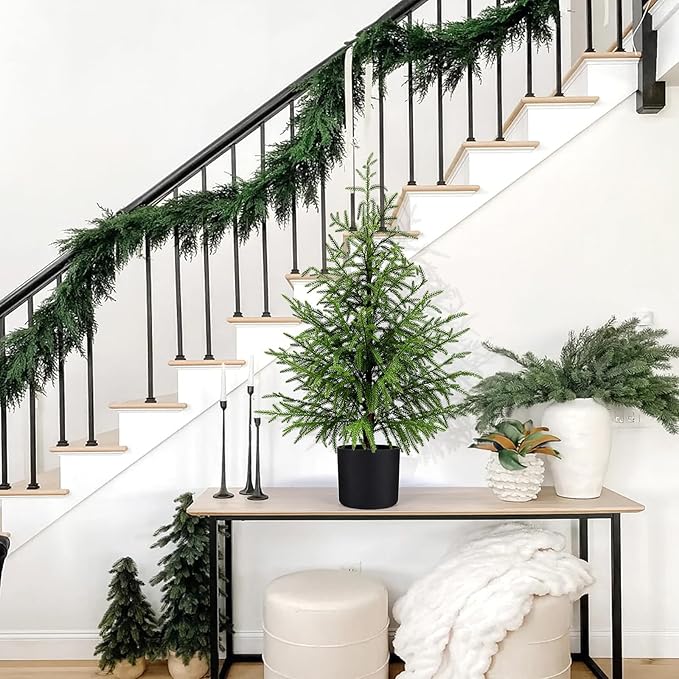 2 Pack 3FT Artificial Topiary Tree Real Touch Norfolk Pine Tree, UV Resistant Artificial Pine Outdoor Plants for Front Porch Decor, Fake Greenery Outdoor Plants Realistic Faux Indoor Tree