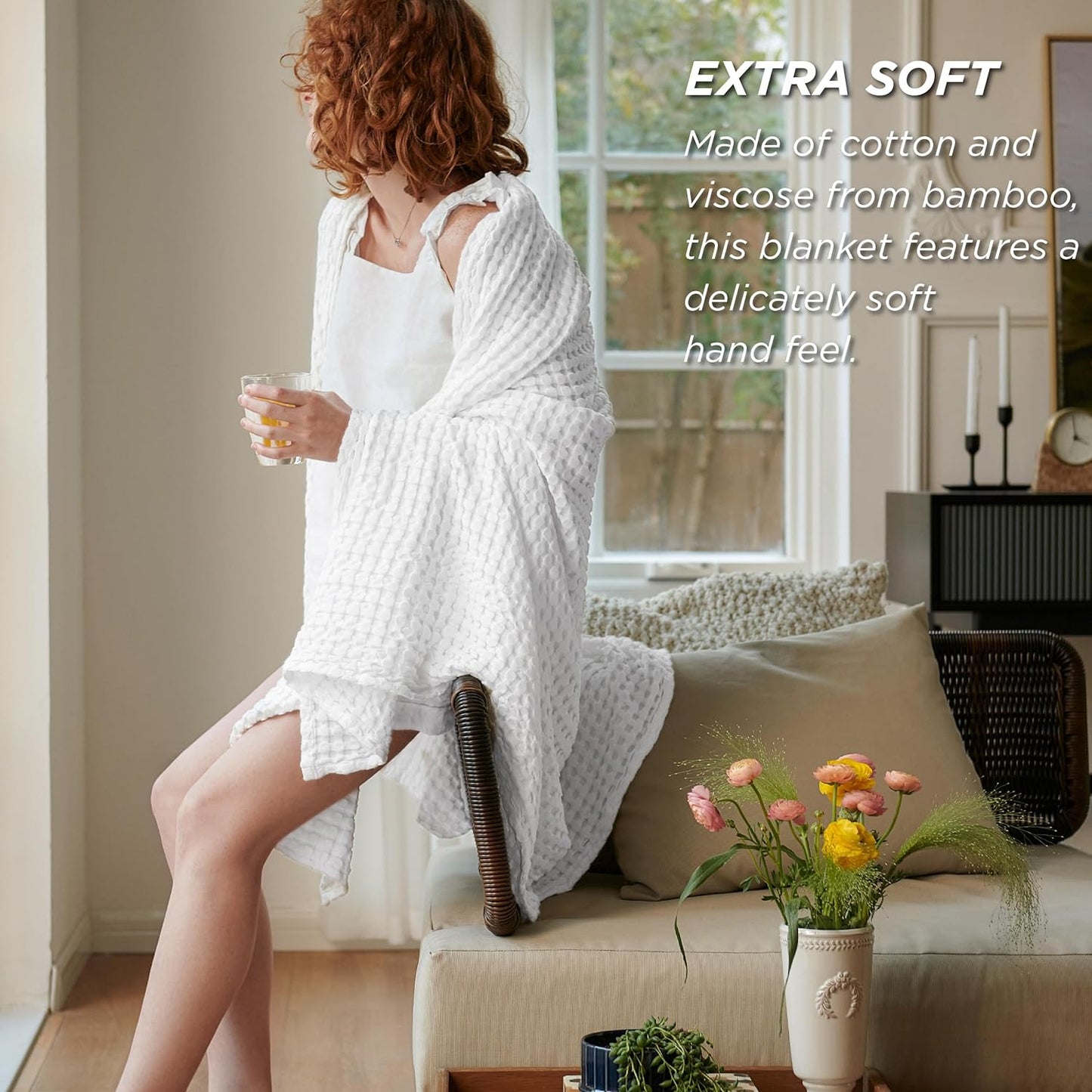 Bedsure Cooling Cotton Waffle King Size Blanket - Lightweight Breathable Summer Blanket of Rayon Derived from Bamboo for Hot Sleepers, Luxury Throws for Bed, Couch and Sofa, White, 104x90 Inches