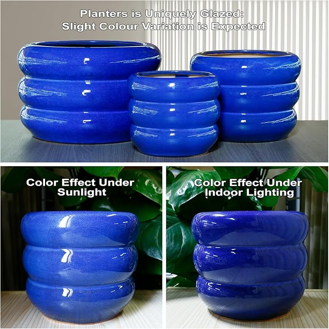 SQOWL Ceramic Plant Pot 13.5 Inch - Large Planter for Outdoor Plants Round Indoor Flower Pot with Drainage Hole Decorative Planter Modern Home Decor Blue