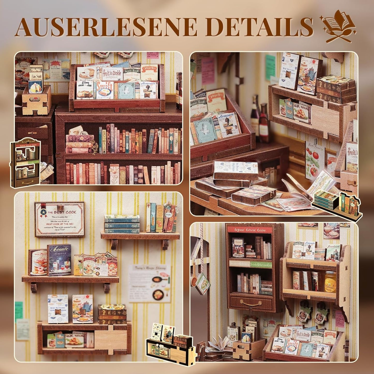 Cutefun Book Nook Kit - DIY Miniature Dollhouse Kit 3D Creative Decorative Bookend 3D Wooden Puzzle for Adults, Bookshelf Insert Library Decor with LED Light (Cooking Bookstore)