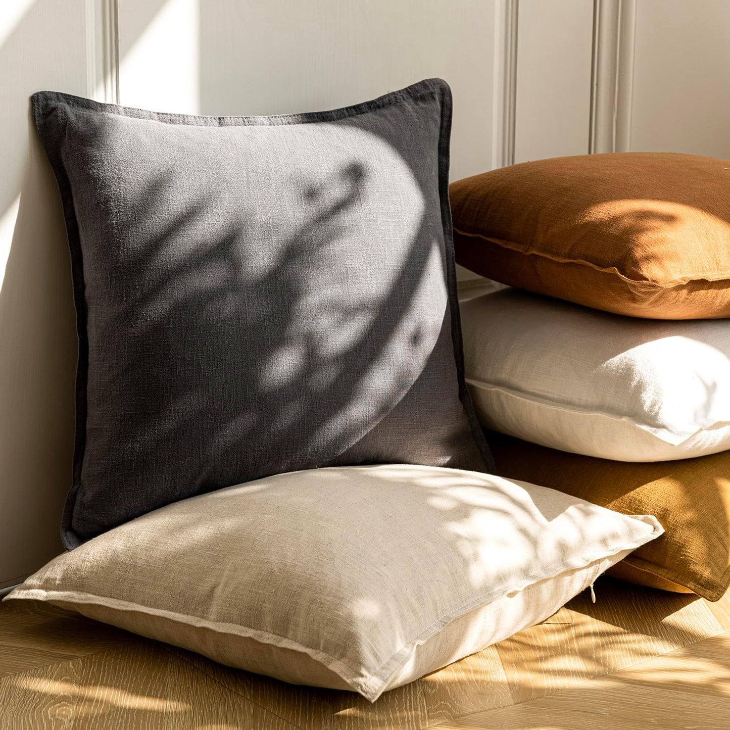 Foindtower Pack of 2, Decorative Linen Soild Throw Pillow Covers Soft Accent Cushion Case Boho Farmhouse Neutral Pillowcase for Couch Sofa Bedroom Living Room Home Decor 24 x 24 Inch Natural Beige