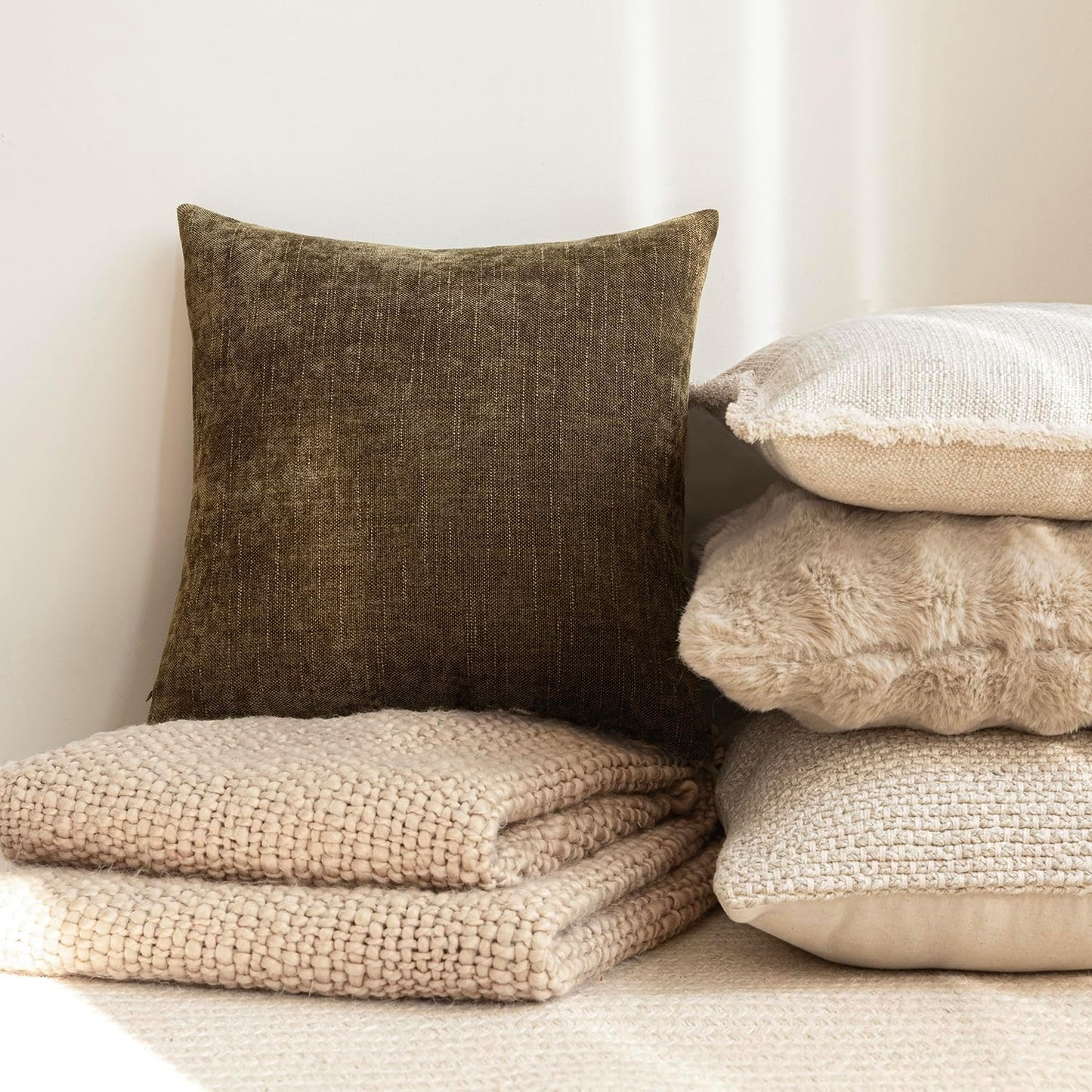 Foindtower Pack of 2 Soft Textured Chenille Throw Decorative Pillow Covers Square Accent Solid Cushion Cover Neutral Farmhouse Pillow Case for Couch Sofa Bedroom Living Room 22x22 Inch,Taupe Brown