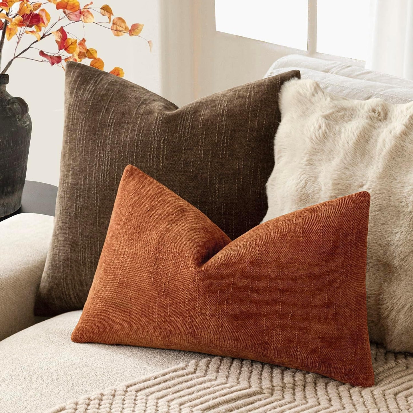 Foindtower Pack of 2 Textured Chenille Throw Decorative Pillow Covers Square Accent Solid Cushion Cover Neutral Farmhouse Lumbar Pillow Case for Couch Sofa Bedroom Living Room 12x20 Inch,Orange