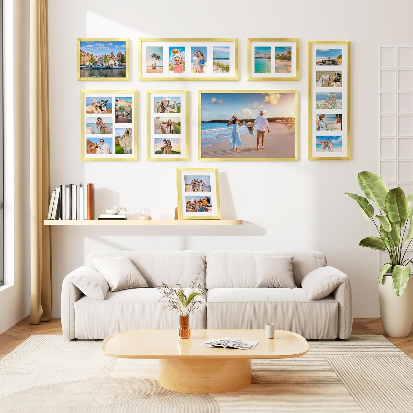 decorUhome 15x17 Picture Frames Collage Wall Decor, Display 7Pcs 4x6 Photos with Mat or 1Pcs 15x17 Unmatted, 7 4x6 Collage Picture Frames for Wall Mounting, Gold