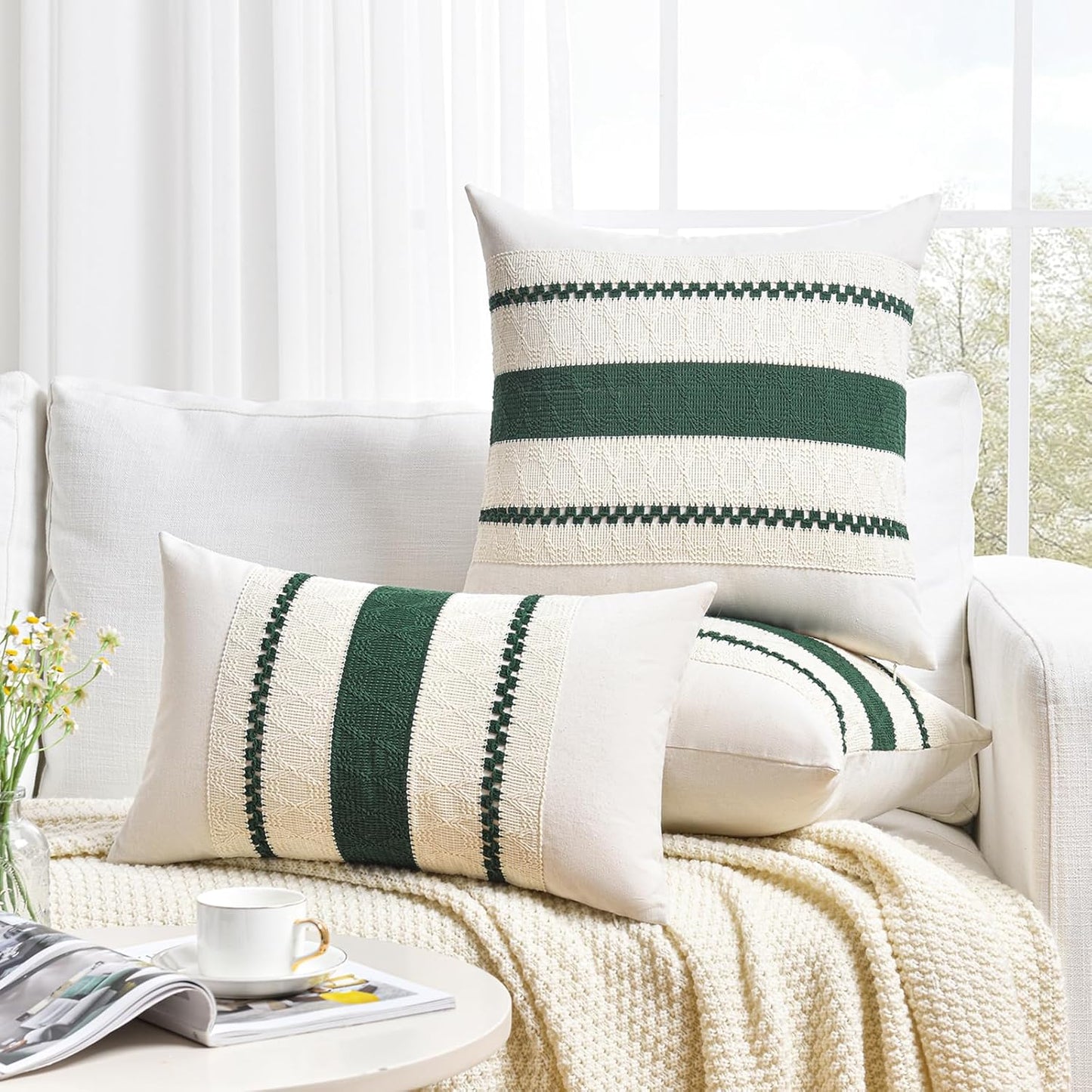 Fancy Homi Set of 2 Dark Green Boho Big Decorative Throw Pillow Covers 24x24 Inch for Couch Bed Sofa Bedroom Indoors, Modern Farmhouse Vintage Forest Green Living Room Decor