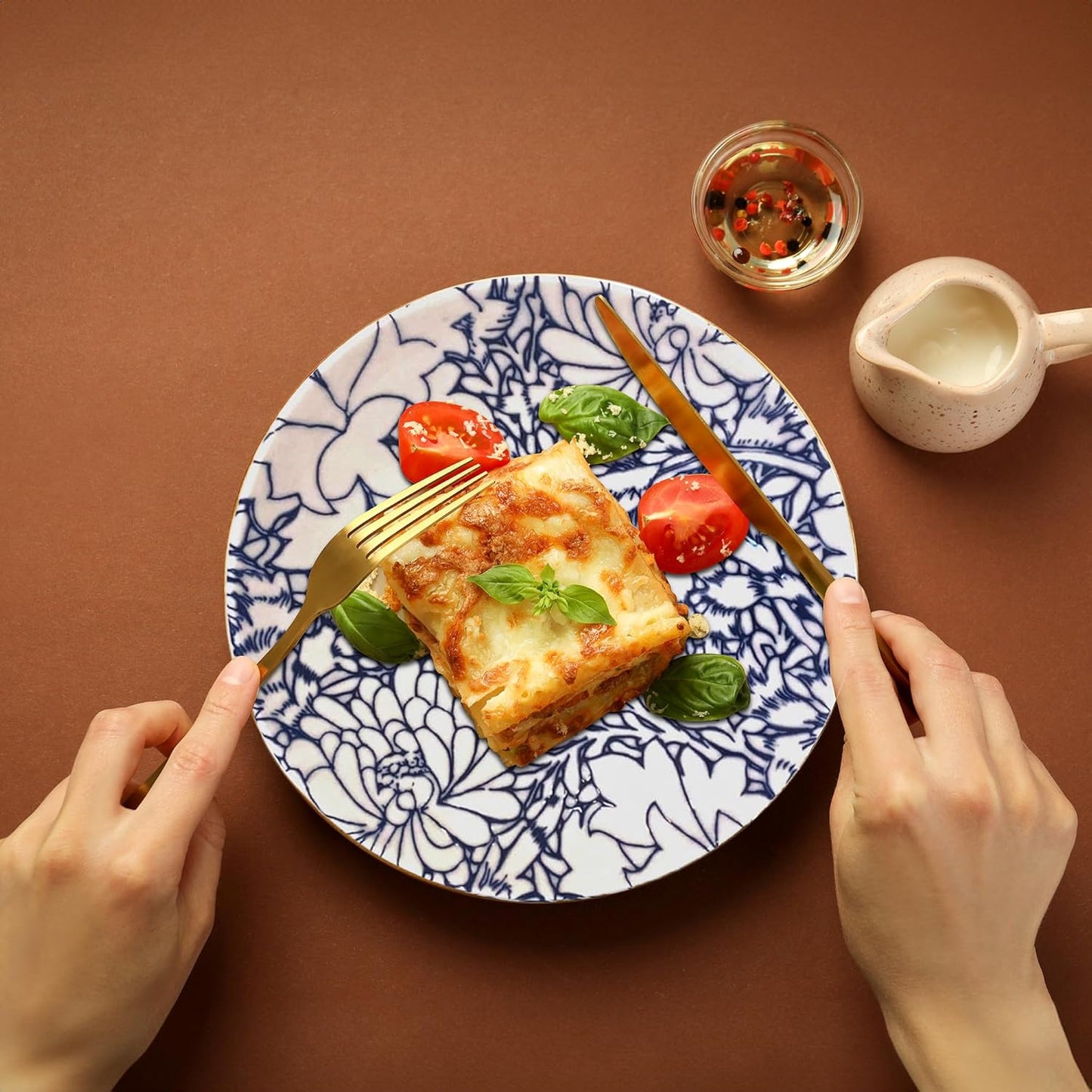 Gusto Buono Porcelain Dinner Plates - Set of 6-10.24" | Pearl Effect with Blue Floral Design | Dishwasher & Microwave Safe | Ideal for Indoor & Outdoor Dining |Ideal for Home Use, Parties & Gifts